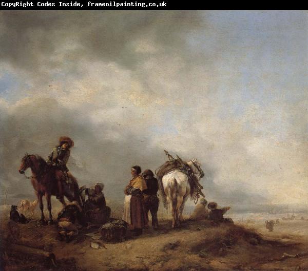 Philips Wouwerman A View on a Seashore with Fishwives Offering Fish to a Horseman